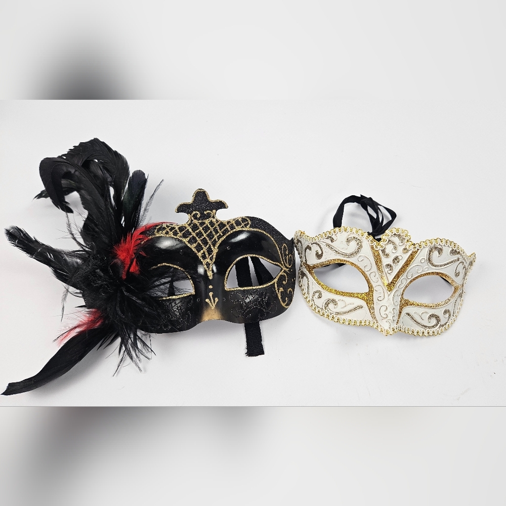 Elegant Red Black White Gold Masquerade Sparkly Mardi Gras Party Masks Set